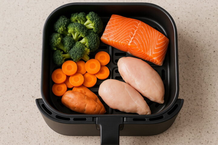 Frische Zutaten in der Heißluftfritteuse zubereiten Frische Zutaten wie Gemüse, Fisch und Fleisch in der Heißluftfritteuse