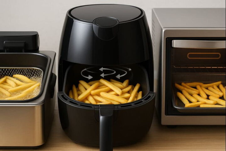 Heißluftfritteuse, Backofen oder Öl-Fritteuse im Vergleich Vergleich von Heißluftfritteuse, Backofen und Öl-Fritteuse bei der Zubereitung von Pommes