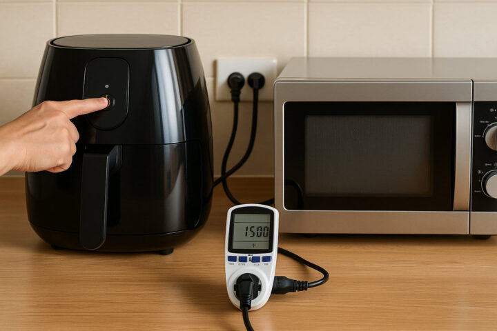 Heißluftfritteuse und Mikrowelle im Energieverbrauchsvergleich mit Strommessgerät