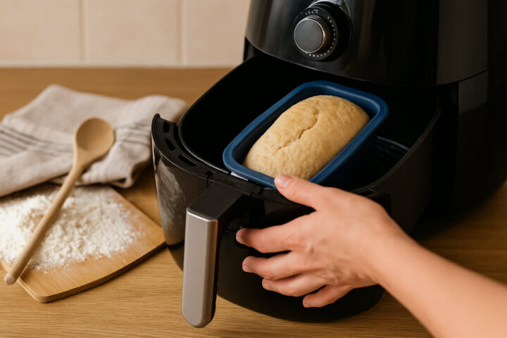 Schritt-für-Schritt Brot backen in der Heißluftfritteuse – einfache Anleitung Schritt-für-Schritt-Anleitung zum Brot backen in der Heißluftfritteuse mit frischem Teig in der Backform