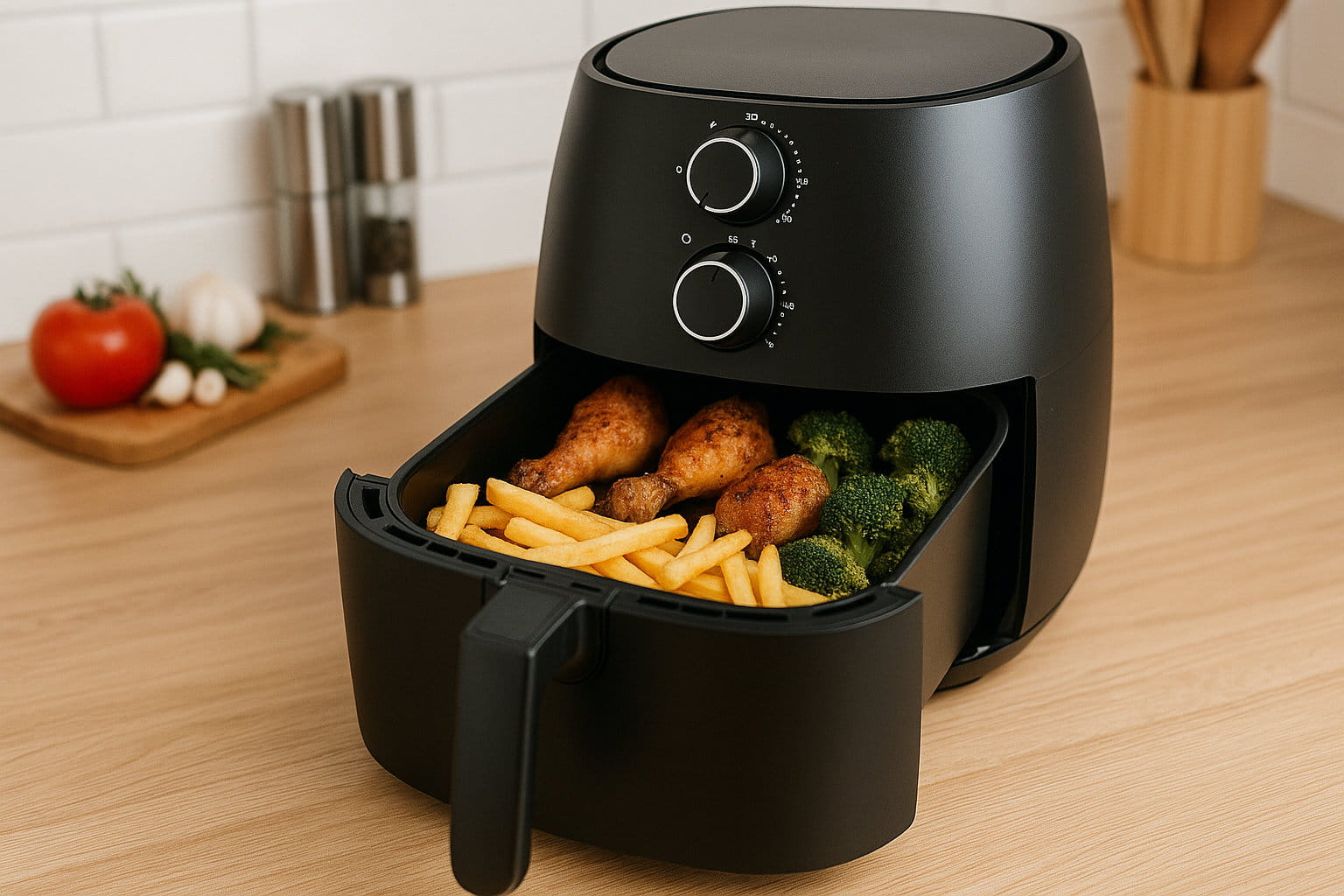 Heißluftfritteuse zeigt ihre Vorteile durch vielseitige Gerichte wie Pommes, Gemüse, Fleisch und Gebäck