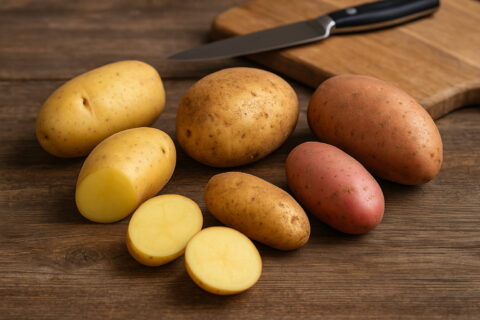 Verschiedene Kartoffelsorten auf Holztisch für selbstgemachte Pommes Frites