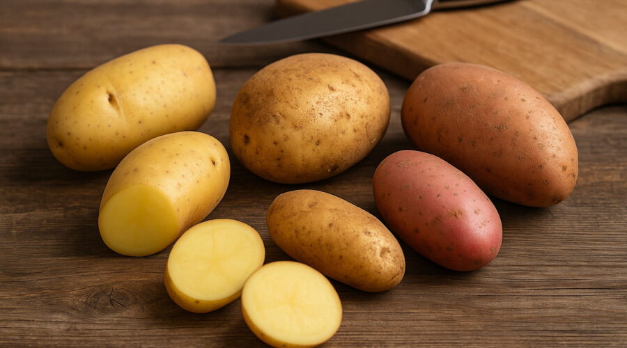 Verschiedene Kartoffelsorten auf Holztisch für selbstgemachte Pommes Frites