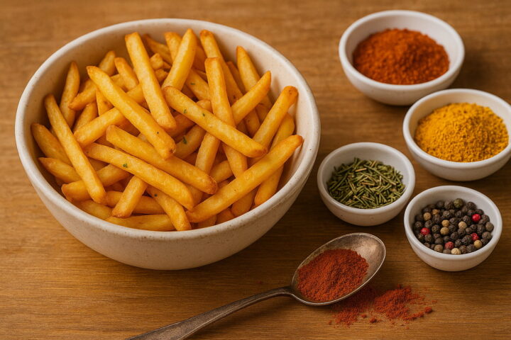 Gewürze und Marinaden für perfekt gewürzte Pommes Frites Knusprige Pommes Frites mit verschiedenen Gewürzen und Marinaden auf Holztisch