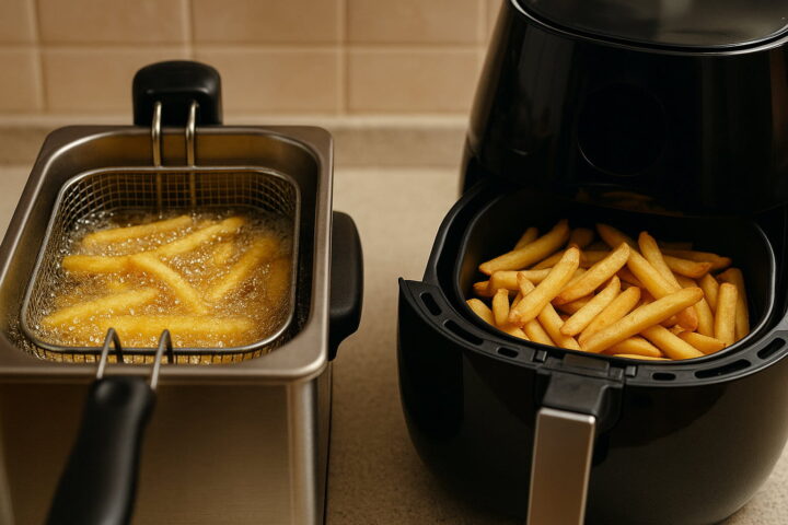 Öl oder Heißluft – so gelingen selbstgemachte Pommes Frites perfekt Vergleich von selbstgemachten Pommes Frites aus Heißluftfritteuse und Öl-Fritteuse