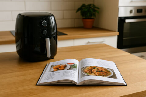 Rezeptbuch neben einer Heißluftfritteuse in moderner Küche