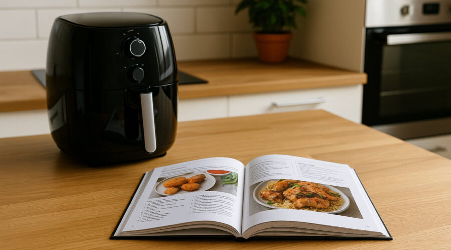 Rezeptbuch neben einer Heißluftfritteuse in moderner Küche