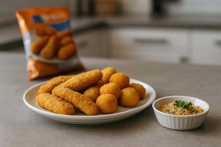 Ungesunde Airfryer-Fallstricke erkennen Paniertes Fertigessen neben frischen Zutaten als Hinweis auf ungesunde Airfryer-Fallstricke