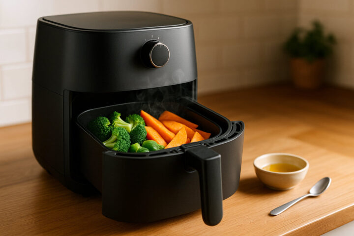 Gesunde Zubereitung in der Heißluftfritteuse Heißluftfritteuse mit frischem Gemüse als Beispiel für gesunde, fettarme Zubereitung