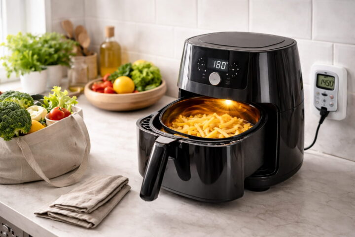 Low-Fat-Fried: Energieverbrauch und Effizienz im Alltag Low-Fat-Fried mit moderner Heißluftfritteuse beim energieeffizienten Garen von Pommes