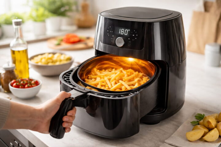 Low-Fat-Fried: Funktionsprinzip einer Heißluftfritteuse Low-Fat-Fried in einer modernen Heißluftfritteuse mit zirkulierender Heißluft und knusprigen Pommes