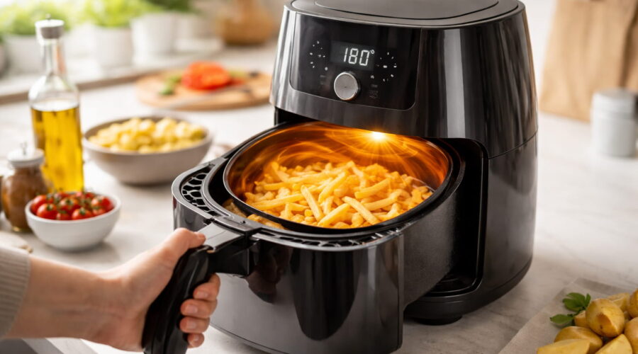 Low-Fat-Fried in einer modernen Heißluftfritteuse mit zirkulierender Heißluft und knusprigen Pommes