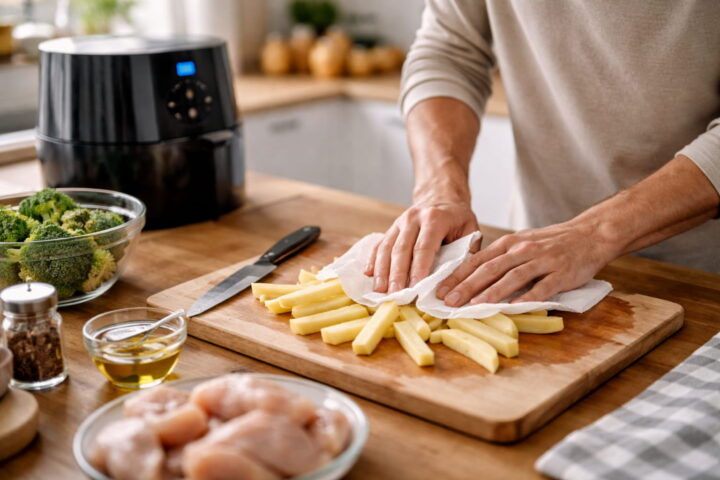 Lebensmittel richtig vorbereiten für die Heißluftfritteuse durch Schneiden und Abtrocknen